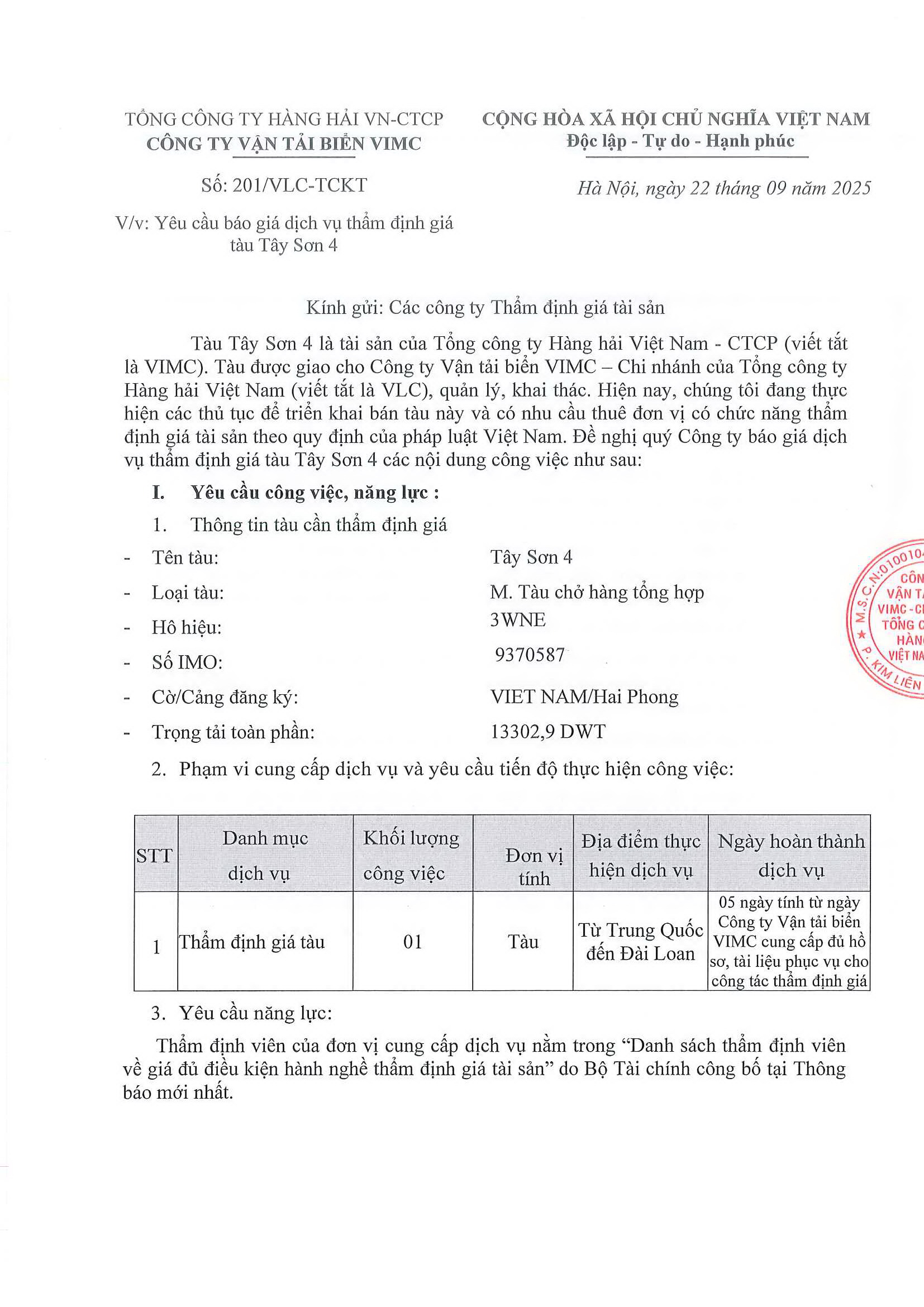 Yêu cầu báo giá dịch vụ thẩm định giá tàu Tây Sơn 4